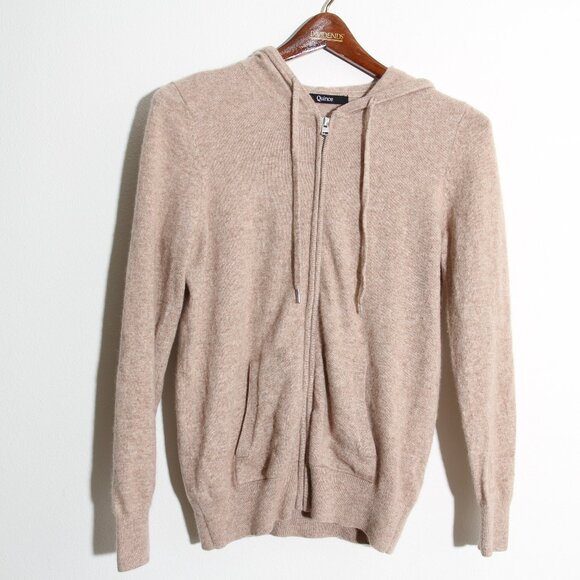 Quince 100% Mongolian Cashmere Full-Zip Hoodie Sweater Oatmeal Tan Size Small - Picture 2 of 16